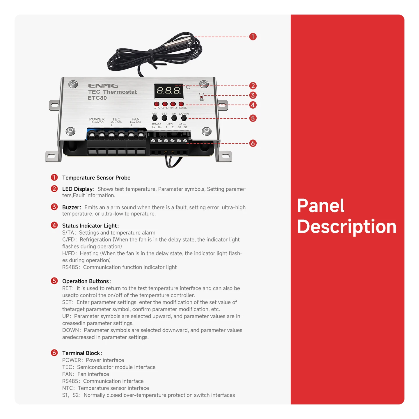 ENMG ETC80 TEC Temperature Controller, 1m Probe Wire, -40 ~ 150 ℃ Wide Range, Industrial-grade Temperature Control image 4