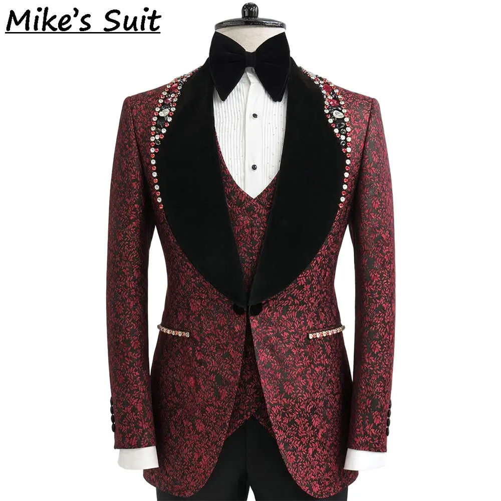 Red Floral Print Crystal Beading 2 Piece Men Suit Set Stylish Business Office Formal Wedding Groom Wear Full Man Dinner Suits