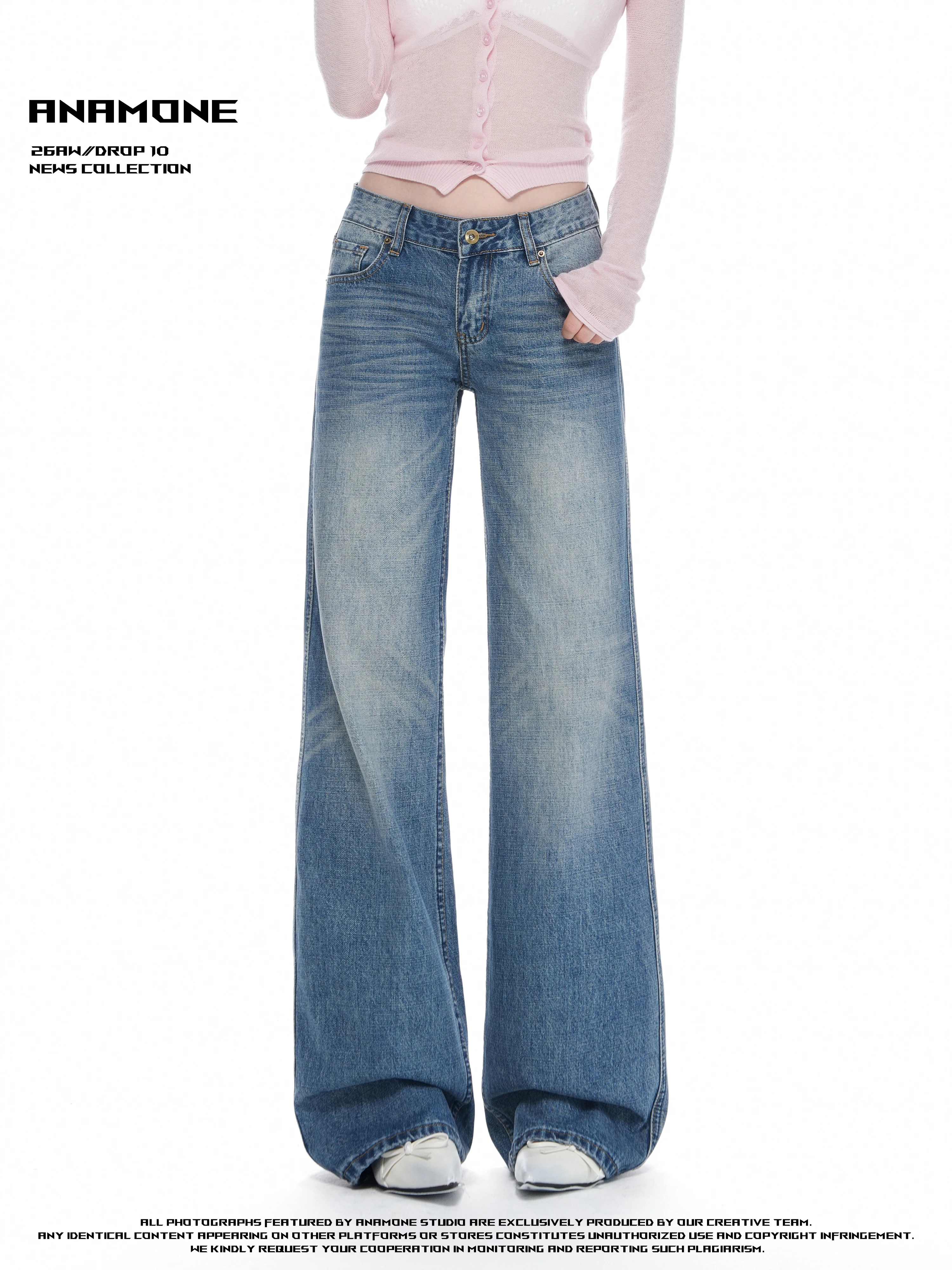 American Style Vintage Low Waist Straight Leg Jeans Women's Autumn Stone Grinding Washed Loose Pants Casual Loose Fit Jeans