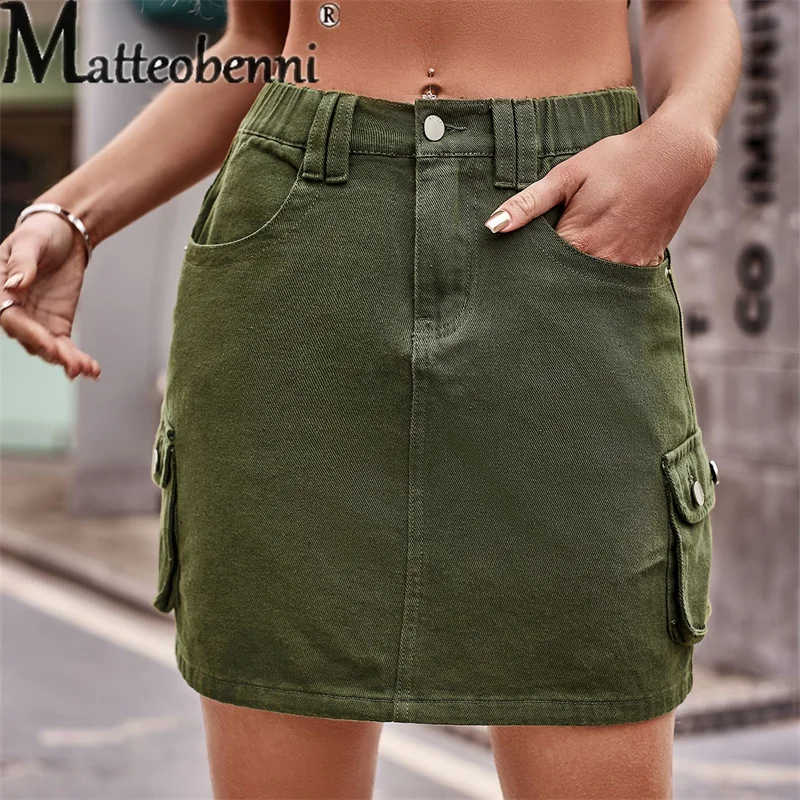 Fashion Half Straight Denim Short Skirt Women Summer Daily Casual Elastic Waist Button Splice Pocket Commuter Female Streetwear