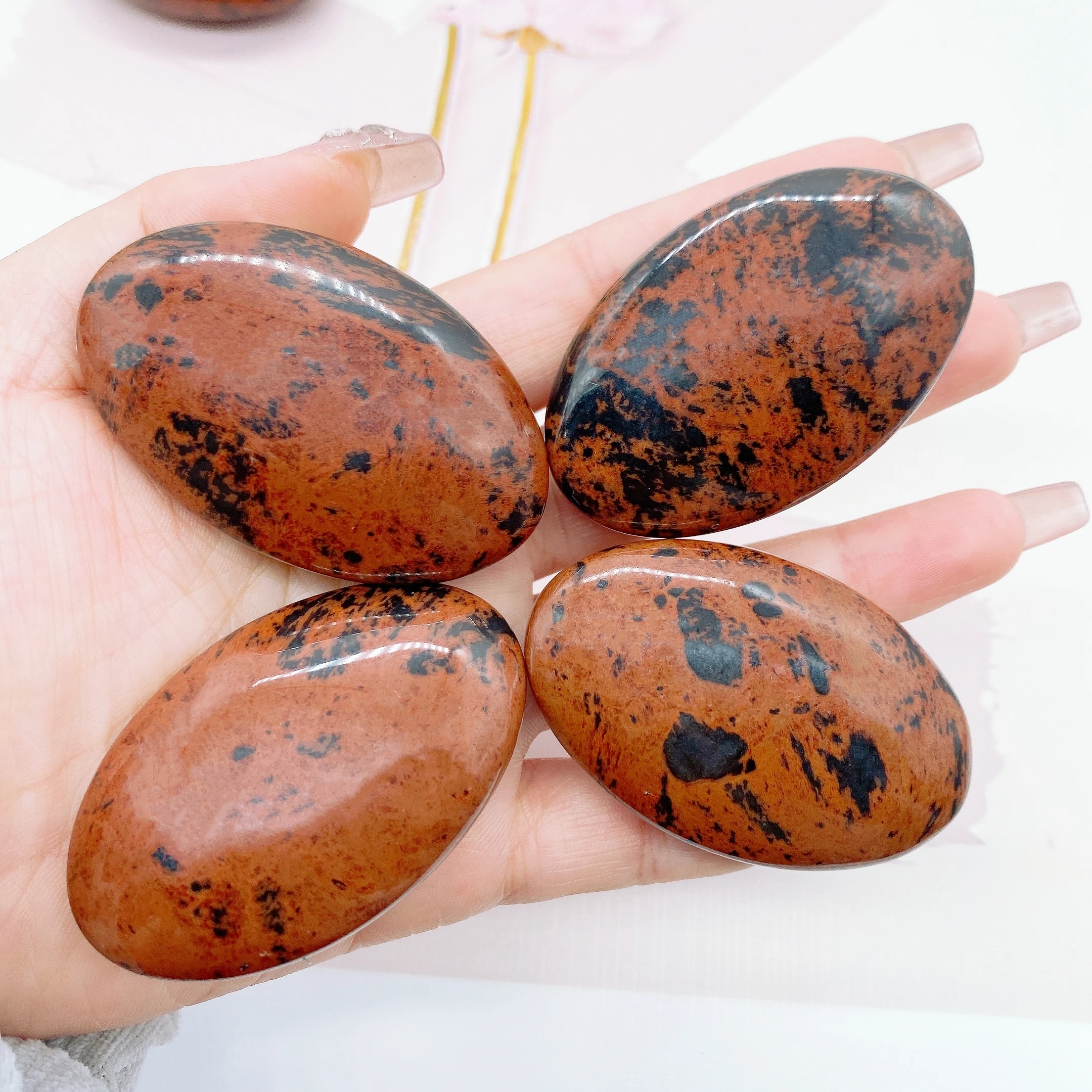 Natural Red Obsidian Stone Hot Compress Massage Palm Crystal Energy Reiki Healing Fingertip Toy Home Decoration Ellipse Gift