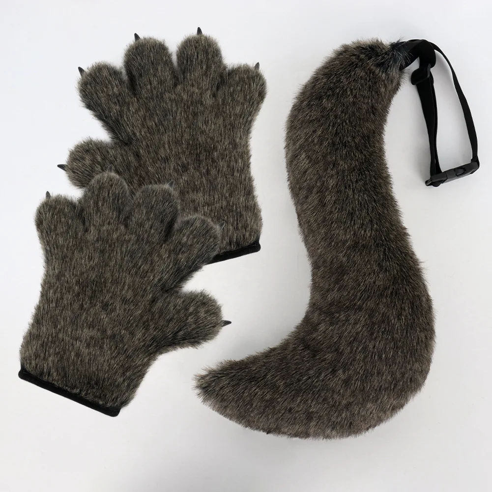 

Halloween Wolf Gloves Tail Men Women Fashion Cosplay Costumes Props Plush Emulation Animal Tail Handmade Party Movie Toy Gift