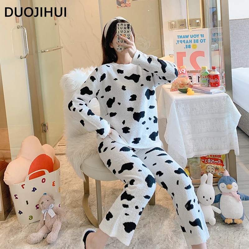 DUOJIHUI-Pyjama chaud à col rond pour femme, pull basique, pantalon simple, ensemble de pyjama femme décontracté, document de sort, mode hiver, nouveau