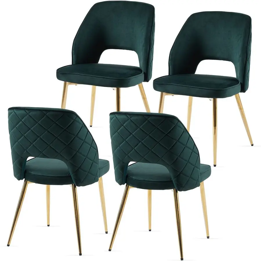 Ensemble de 4 chaises de salle à manger modernes, chaises d'appoint rembourrées en tissu velours vert forêt avec pieds en métal doré, chaise latérale à dossier rond