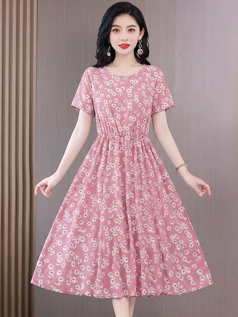 

Elegant Floral Print Midi Dress Women's Summer Short Sleeve Waist-Cinching Mommy Style Age-Defying Skirt Polka Dot Pattern