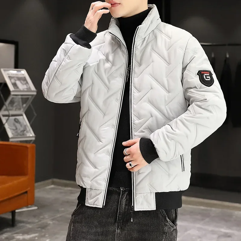 Casacos masculinos à prova de vento monocromáticos, jaqueta grossa quente, gola alta, parkas com zíper, casacos masculinos casuais, moda coreana, inverno, 2024