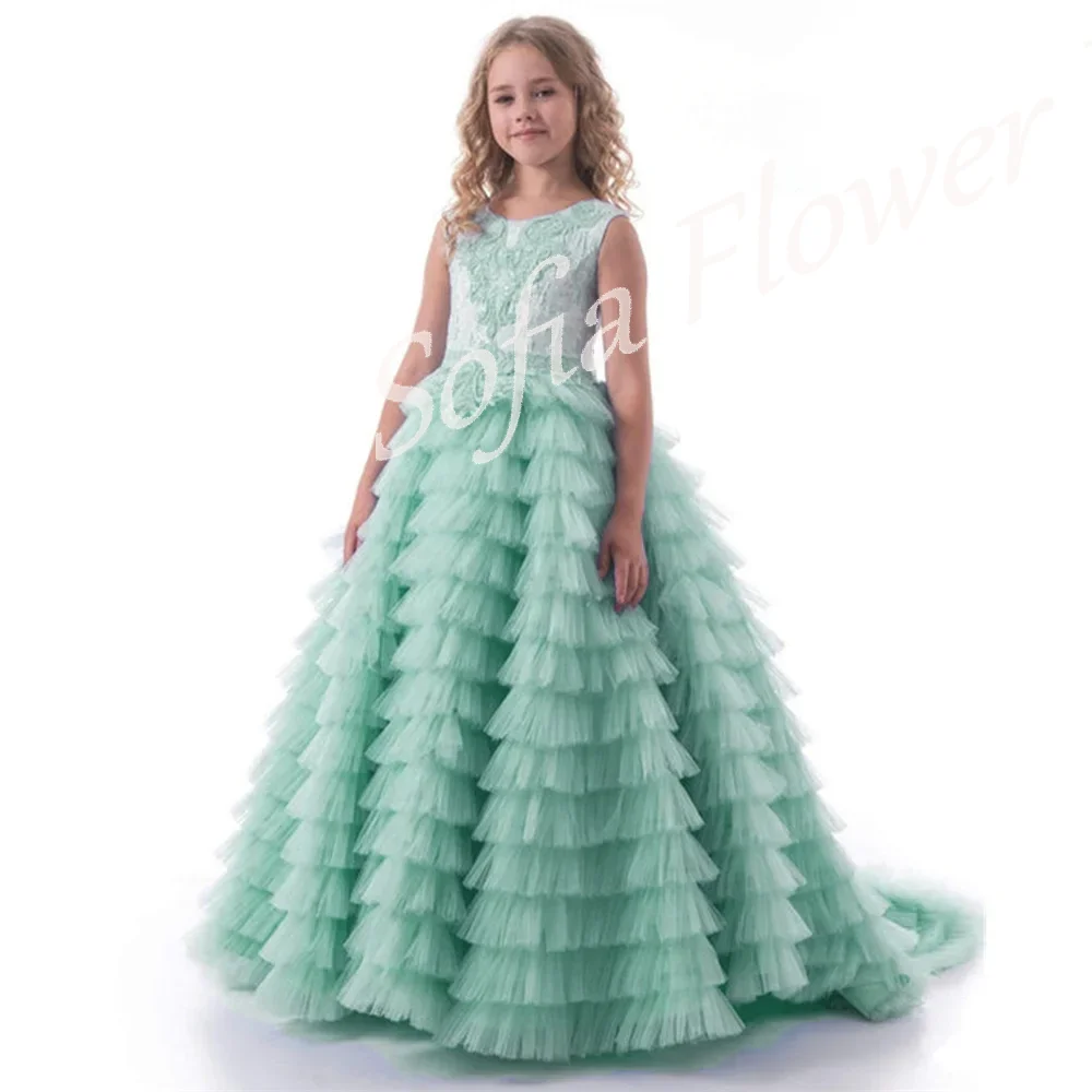 

Blue Luxury Flower Girl Dress Customized A-Line Tiered Tulle O-Neck Sleeveless Dresses Girls Birthday First Communion Ball Gowns
