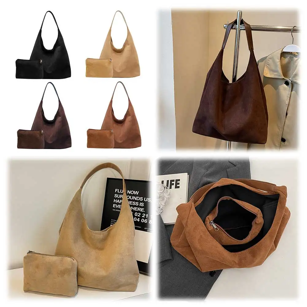

Women Suede Tote Bag Trendy Bucket Bag Large Capacity Retro Handbag with Pocket Hobo Bag for Work Travel Shopping