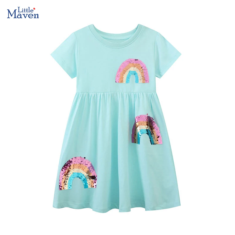 Little Maven 2024 New Kids Clothes Summer Dress Baby Girls Cartoon Sequin Rainbow Dresses Children\'s Clothing Vestidos Cotton