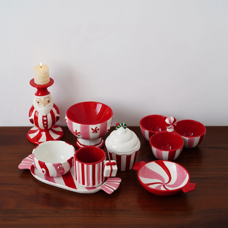 Christmas Ceramic Bowl Mug Set Candy Cane Embossed Gingerbread House Dessert Bowl Kitchen Tableware Holiday Tabletop Decor