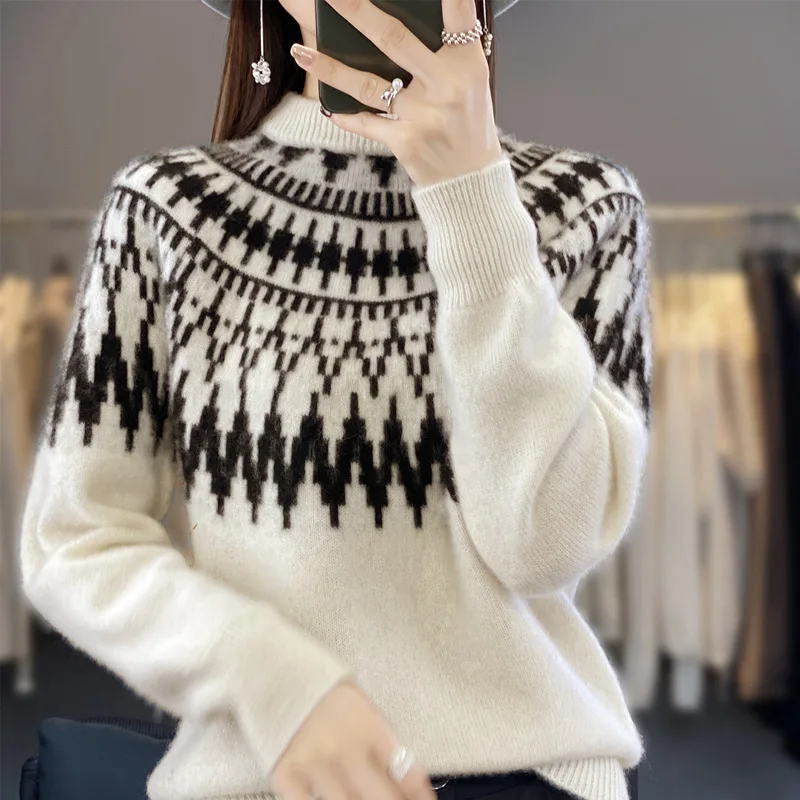 Vintage Turtleneck Fair Isle Pullover Damski luźny, wyściełany żakardowy sweter z długim rękawem, dzianinowy top