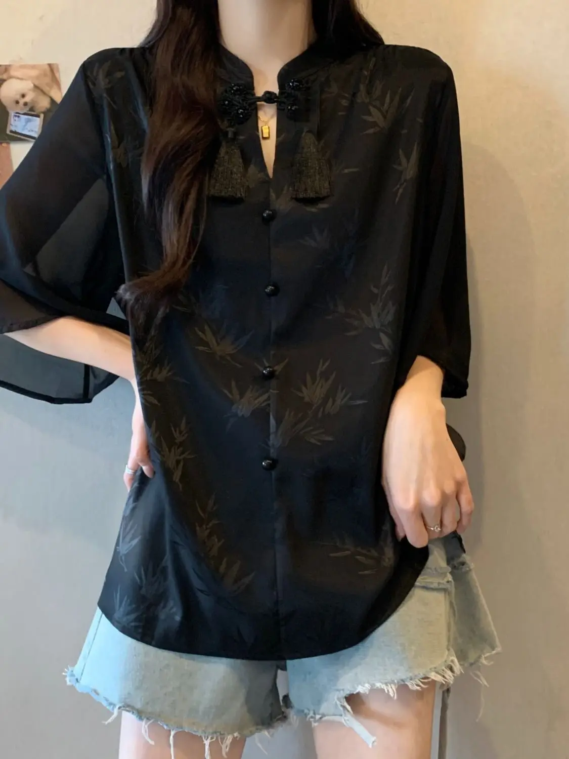 new chinese style national style buckle design sense short-sleeved shirt women's top summer new loose slim texture shirt