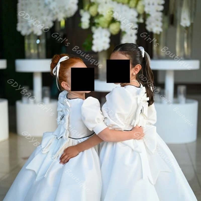 Sukienka na Pierwszą Komunię Świętą dla Dzieci w Stylu Vintage, Sukienka Ślubna dla Druhny z Wysokim Stanem i Bufiastymi Rękawami, Sukienka Balowa na Urodziny z Kokardą, Szyta na Miarę