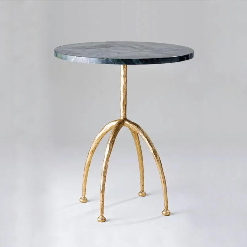 American retro all-copper light luxury coffee table green marble sofa edge table