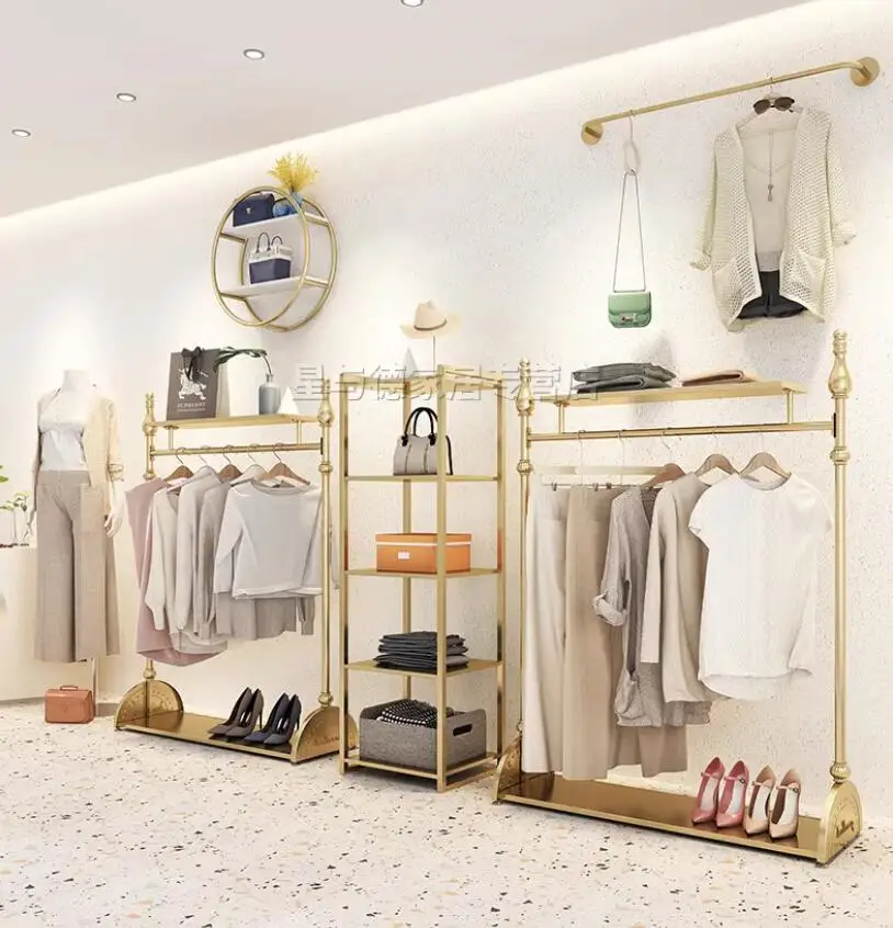 Clothing store display rack, floor standing display rack, hanging clothes rack, golden European style clothes rack