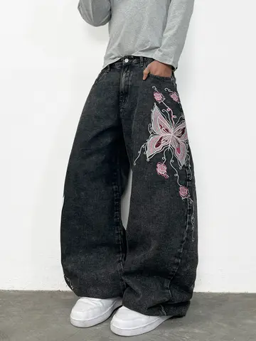 American Vintage Butterfly Embroidery Black Loose Jeans for Men Y2K Street Fashion High-Quality Designer Trendy Versatile Pants