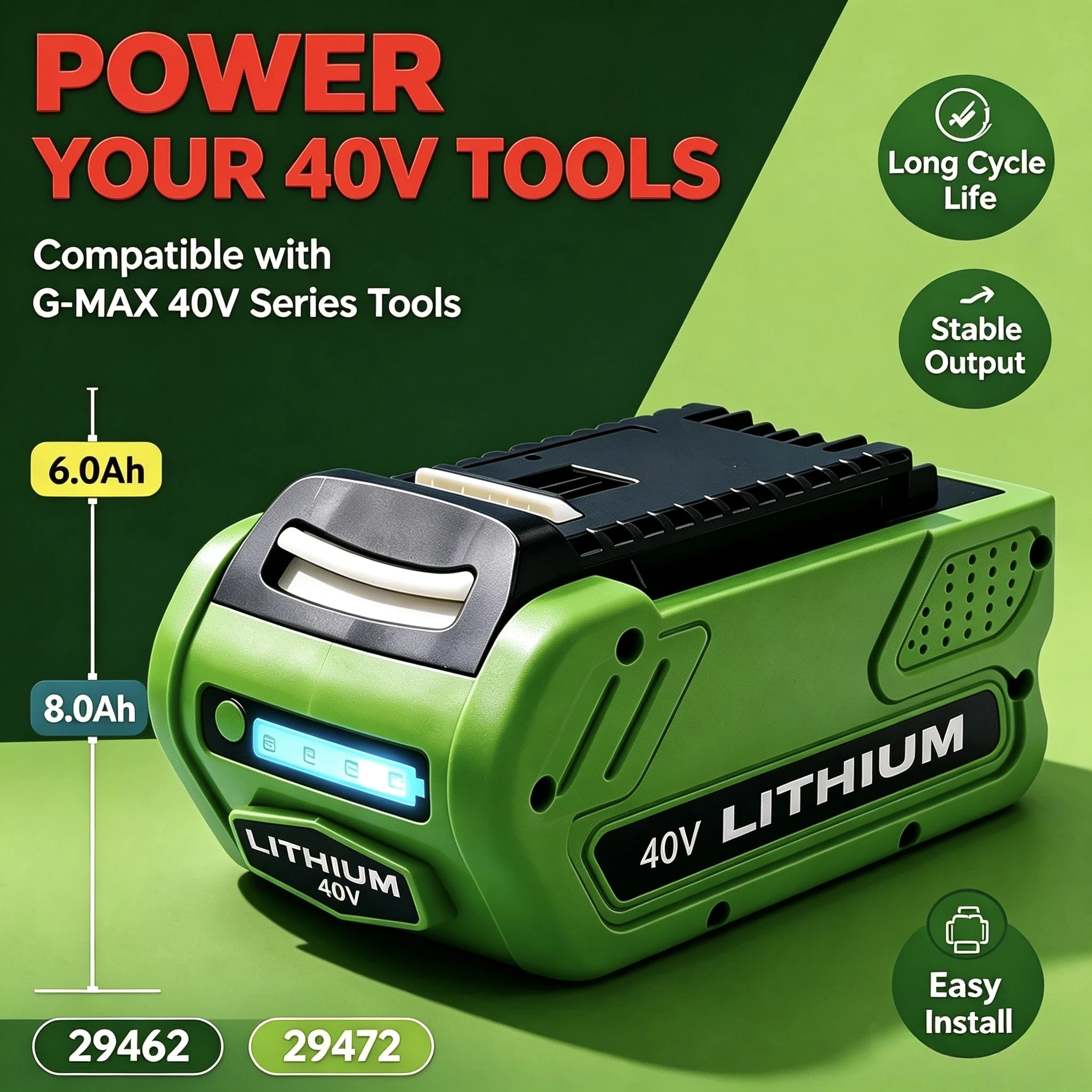 40V 6.0Ah/8.0Ah Li-ion Replacement Battery Compatible with Greenworks G-MAX 40V Lawn Mower Trimmer Blower Chainsaw 29462 29472