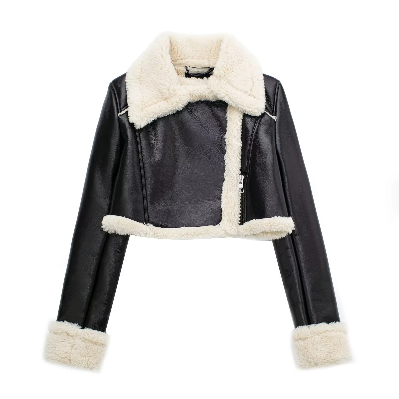 2025 Ladies, casual double-sided short imitation fur integrated fleece warm leather jacket