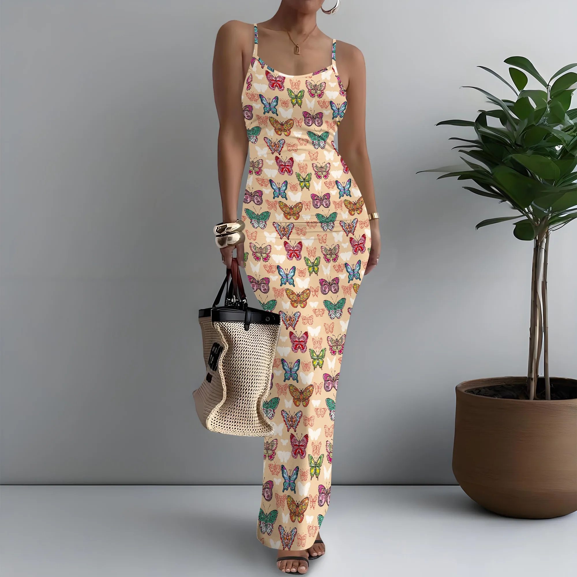 

Women's Spaghetti Strap Maxi Dress Cottagecore Butterfly Print Casual Soft XS-3XL