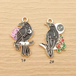 10pcs Flower Crow Charm for Jewelry Making Enamel Earring Pendant Necklace Bracelet Accessories Zinc Alloy Gold Plated