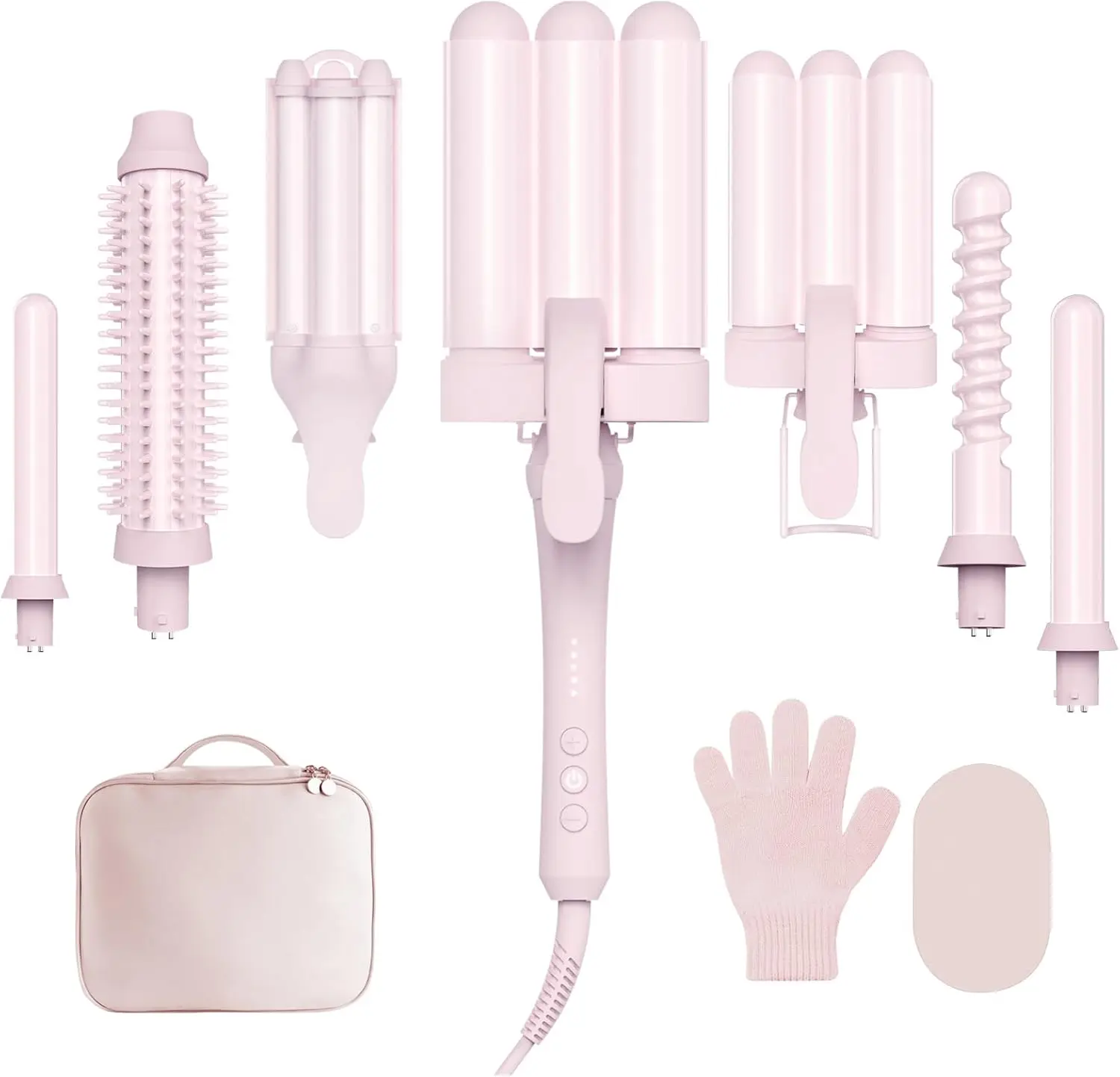 

7-in-1 Curling Iron Set with Interchangeable Barrels, Heated Round Brush, Ceramic Coating for Hair Protection, Pink