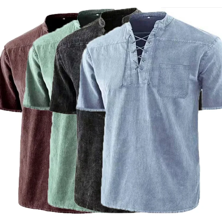 

Мужская летняя рубашка в стиле середины века с воротником-стойкой, с люверсами, приталенная, в американском стиле, повседневная, из смесового хлопка