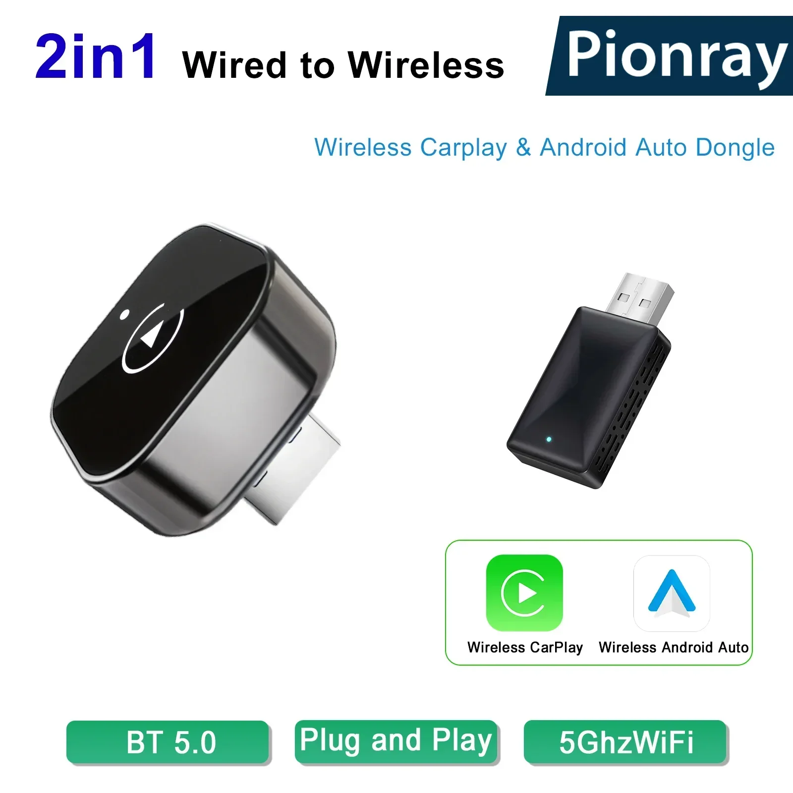 Upgraded Wireless CarPlay Adapter Dual-Band WiFi Auto-Connect Plug&Play USB/USB-C Compatible with iPhone & Android for All Wired