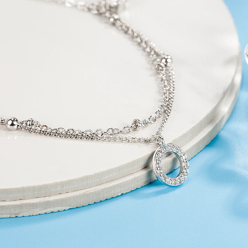 Elegant Round Zircon Pendant Double Layer 925 Sterling Silver Ankles Women Jewelry Fashion Adjustable Rhinestone CZ Foot Chain view 2