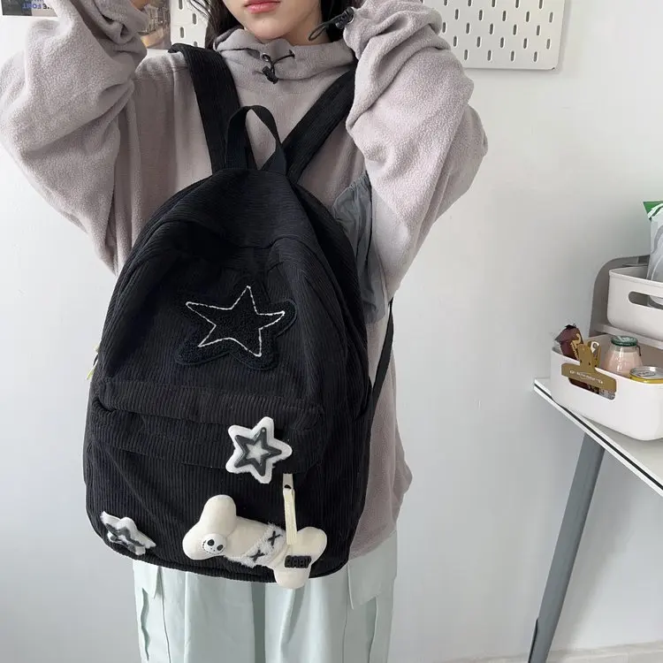 Cute Corduroy Backpacks Star Decoration School Bags For Teenage Girls 2024 New Designer Soft Cloth Satchels Korea Packages