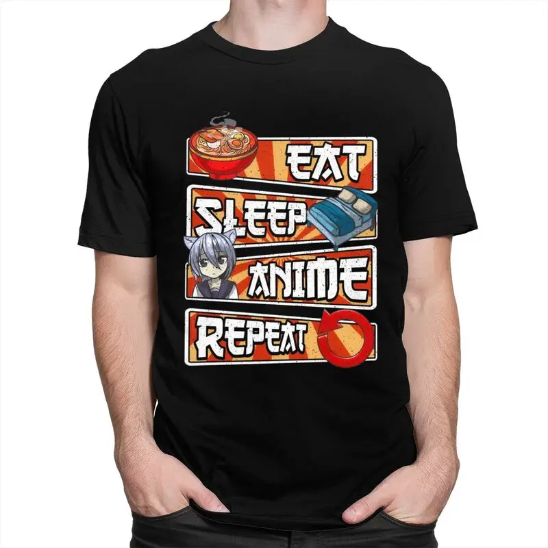 Eat Sleep Anime Repeat T Shirt for Men Pure Cotton Tshirt Casual Tee T-shirt Loose Fit
