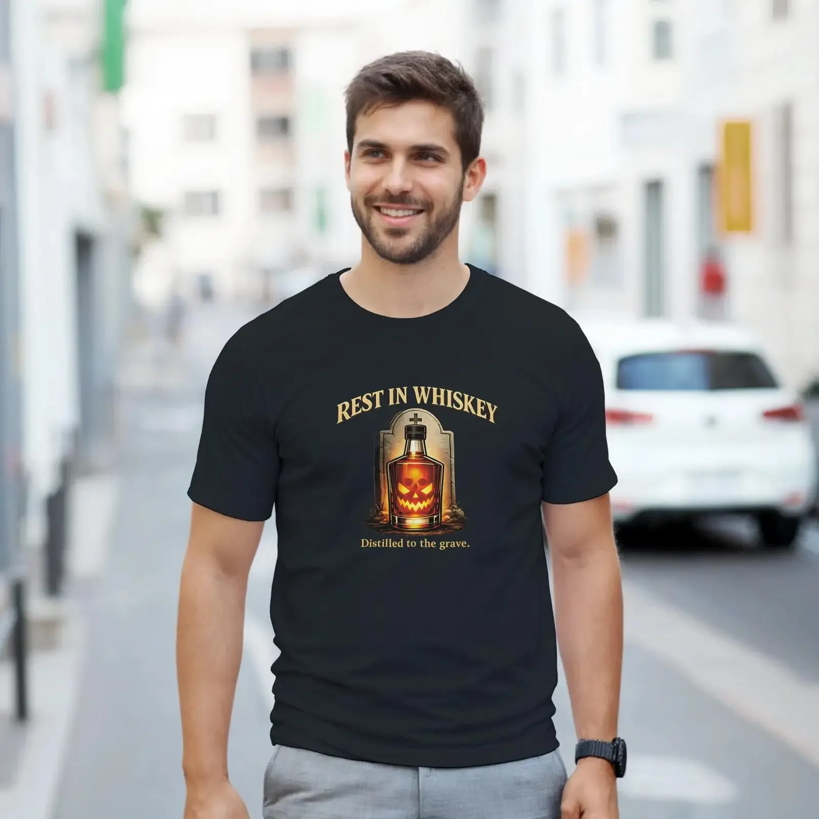 Rest In Whiskey Halloween Tombstone Bourbon T Shirt Funny Graveyard  vintage Washed streetwear designer clothes