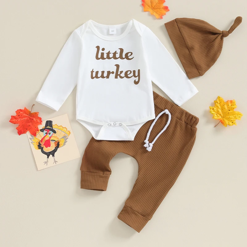 

2023-08-14 Lioraitiin 0-12M Newborn Baby Boys Clothes Set Thanksgiving Letter Print Romper and Drawstring Pants Hat Outfits