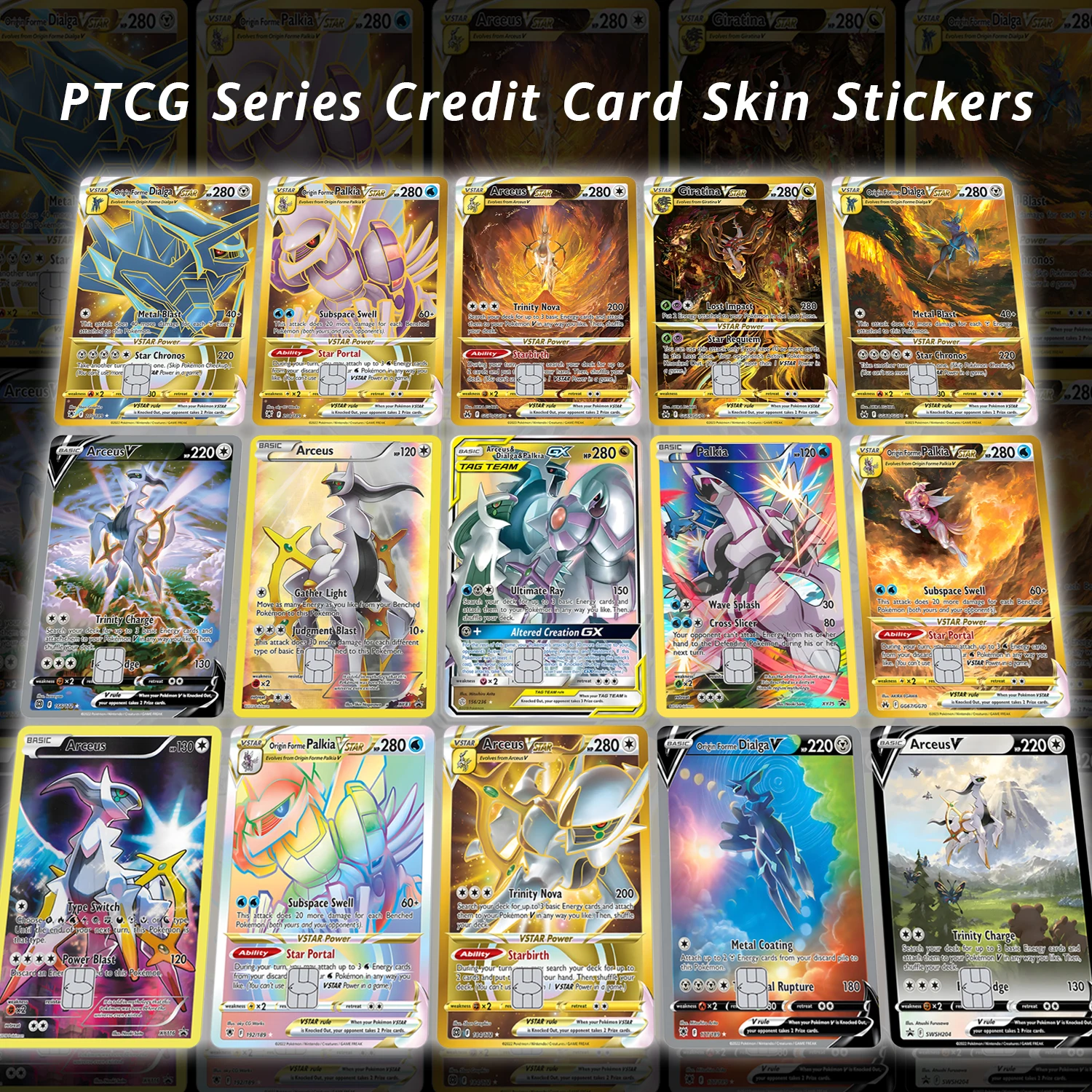Pegatina de piel de tarjeta de crédito PTCG, pegatinas Arceus Dialga Giratina y Palkia para VISA JCB MasterCard y otras tarjetas IC de decoración