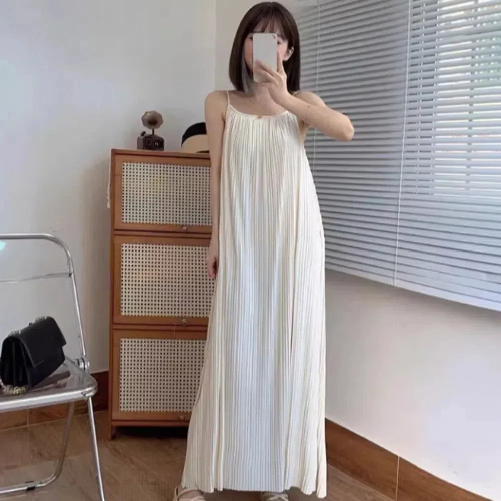 

Simple A-line Loose Sling Dress Solid Color Beachwear Sleeveless Long Dress Round Neck Beach Vacation Sundress Summer