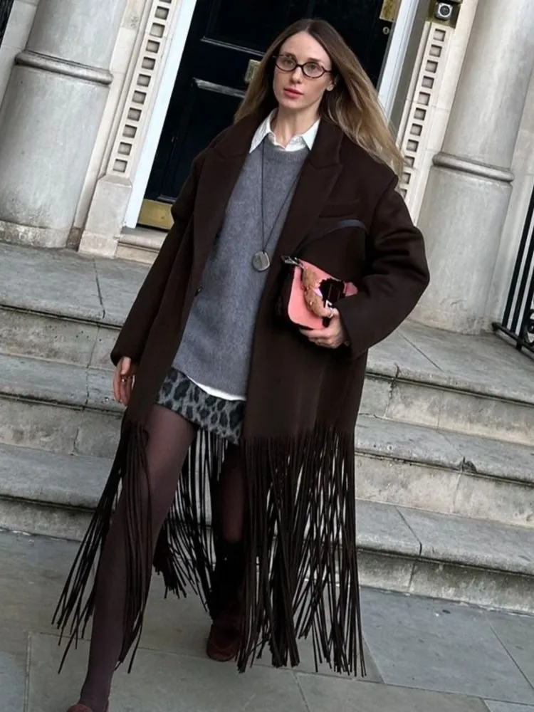 

Fringed Woolen Trench Coat Suit Collar Loose Commuting Mid-Length Women Tassel Overcoat Street Trend Solid Color Classic Outwear