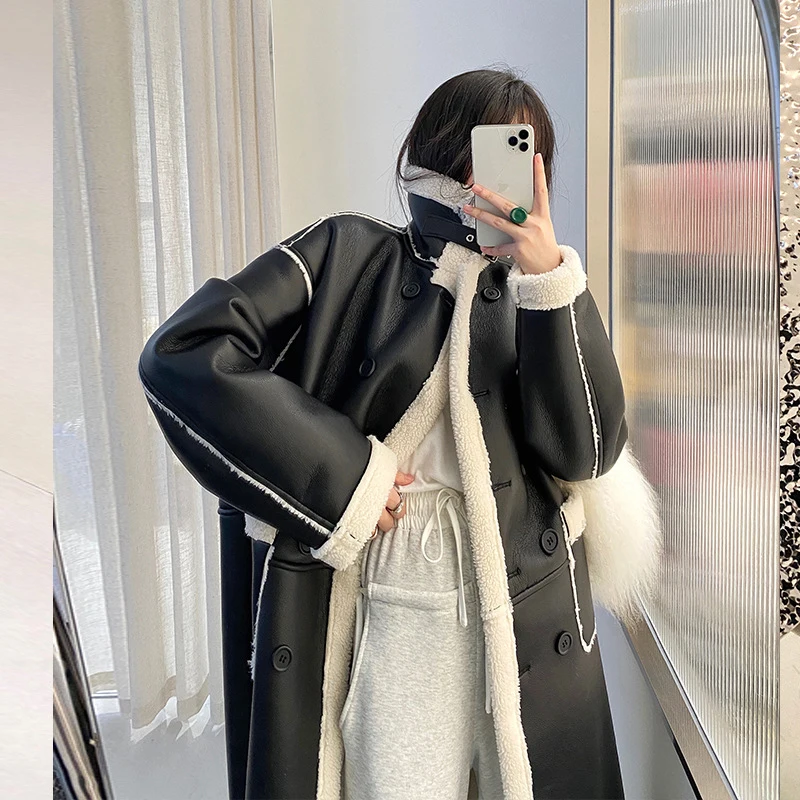 Winter Fur Integration Lamb Coat Women Stand-up Collar Big Pocket Thick Keep Warm Overcoat Female Fashion Long Lamb Wool Jacket