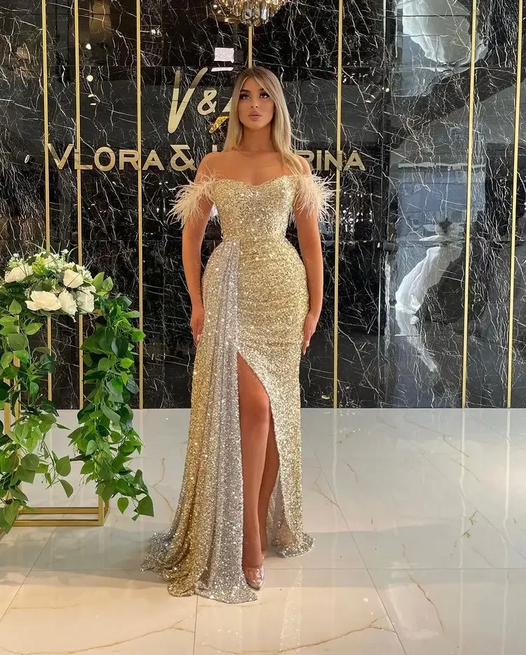 2024 Luxury Floor Length Dresses for Women Wedding Party Clothes Split Strapless Sequins Long Evening Gowns Female Gold