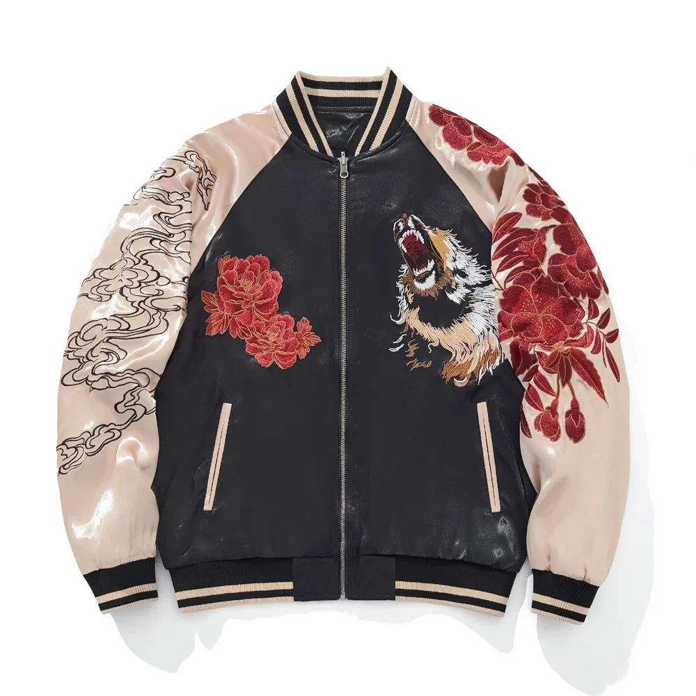 

Fashion Men's Japanese Style Jacket 2025 Lion and Flower Embroidery Bomber Coat Streetwear Vintage Baseball Jacket Urban
