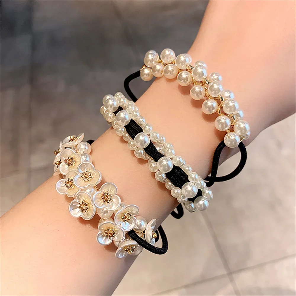 Elegant Pearl Elastic Hair Tie Korean Flower Beaded Weave Hair Rope Scrunchies Fashion Ponytail Hair Accessories For Women