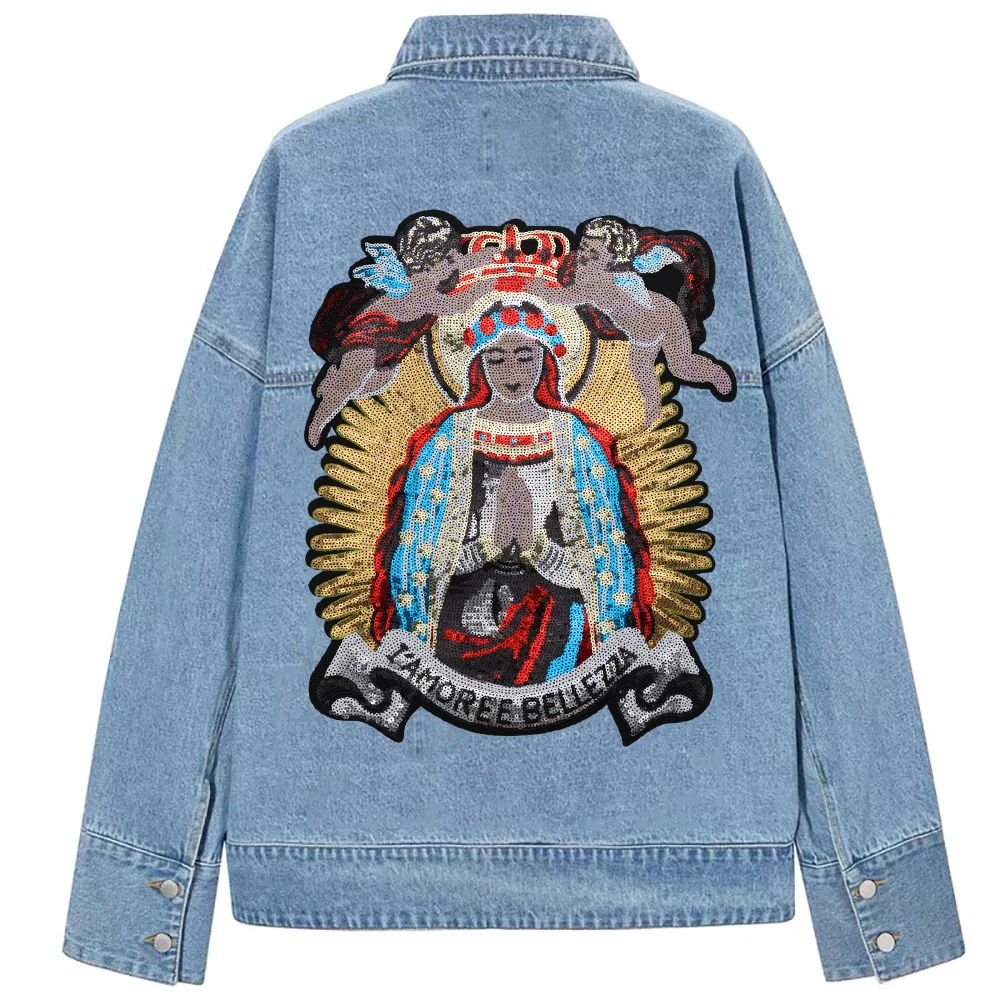Large Sequin Fairy Virgin Mary Baby Angel Patches Embroidery Applique Brand Fashion Show Back Patches Jacket
