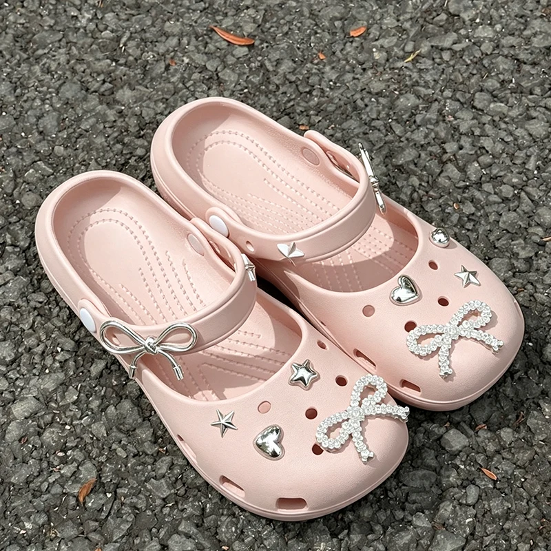 Encantadores Zuecos Plateados con Estrellas de Cristal para Niñas, Verano 2026, con Adornos Desmontables, Bailarinas Planas de Mujer con Suela Blanda de EVA, Tipo Mary Jane