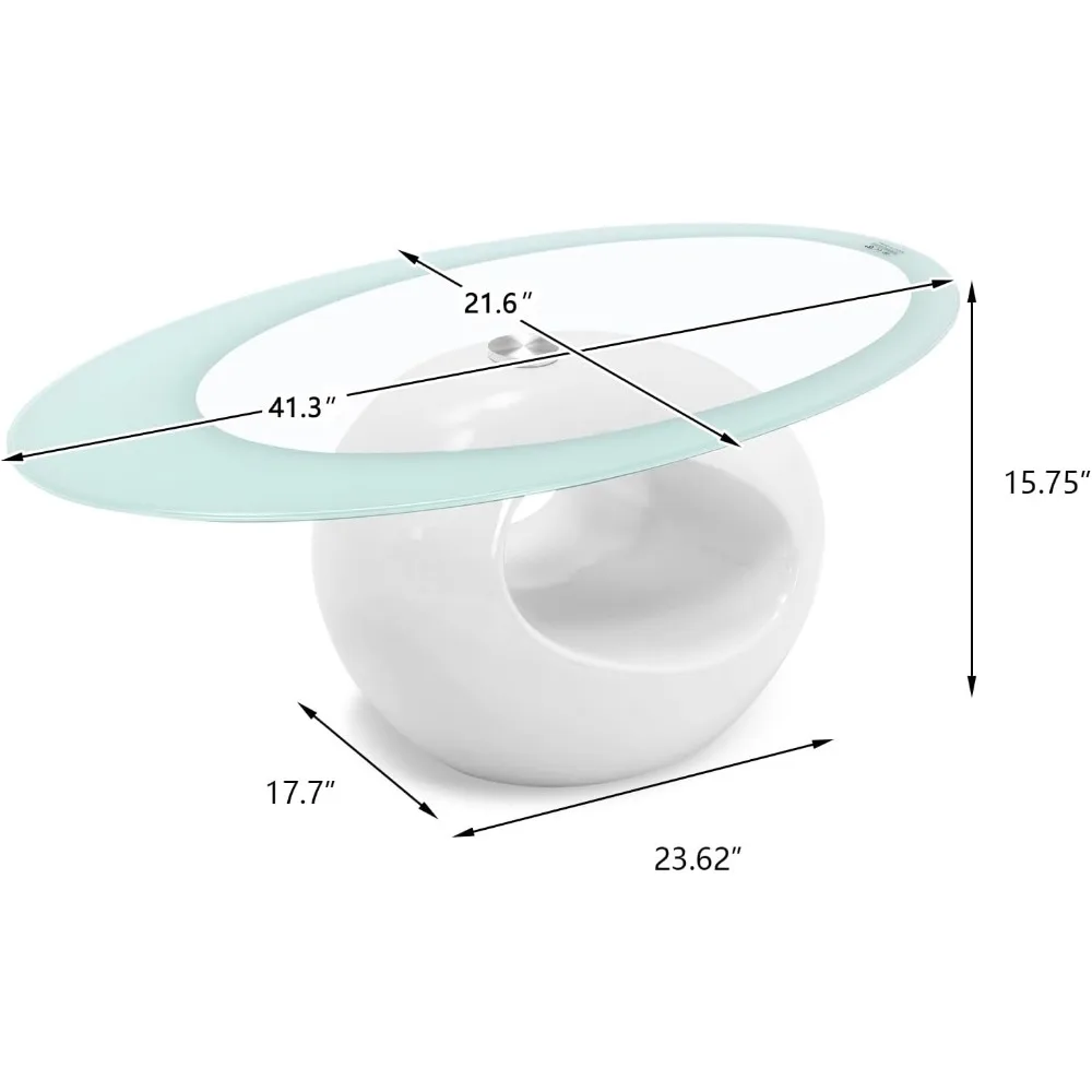 Modern Glass Coffee Table, Oval Glass Table Set, Tempered Glass Tabletop and Smooth Solid Base for Storage