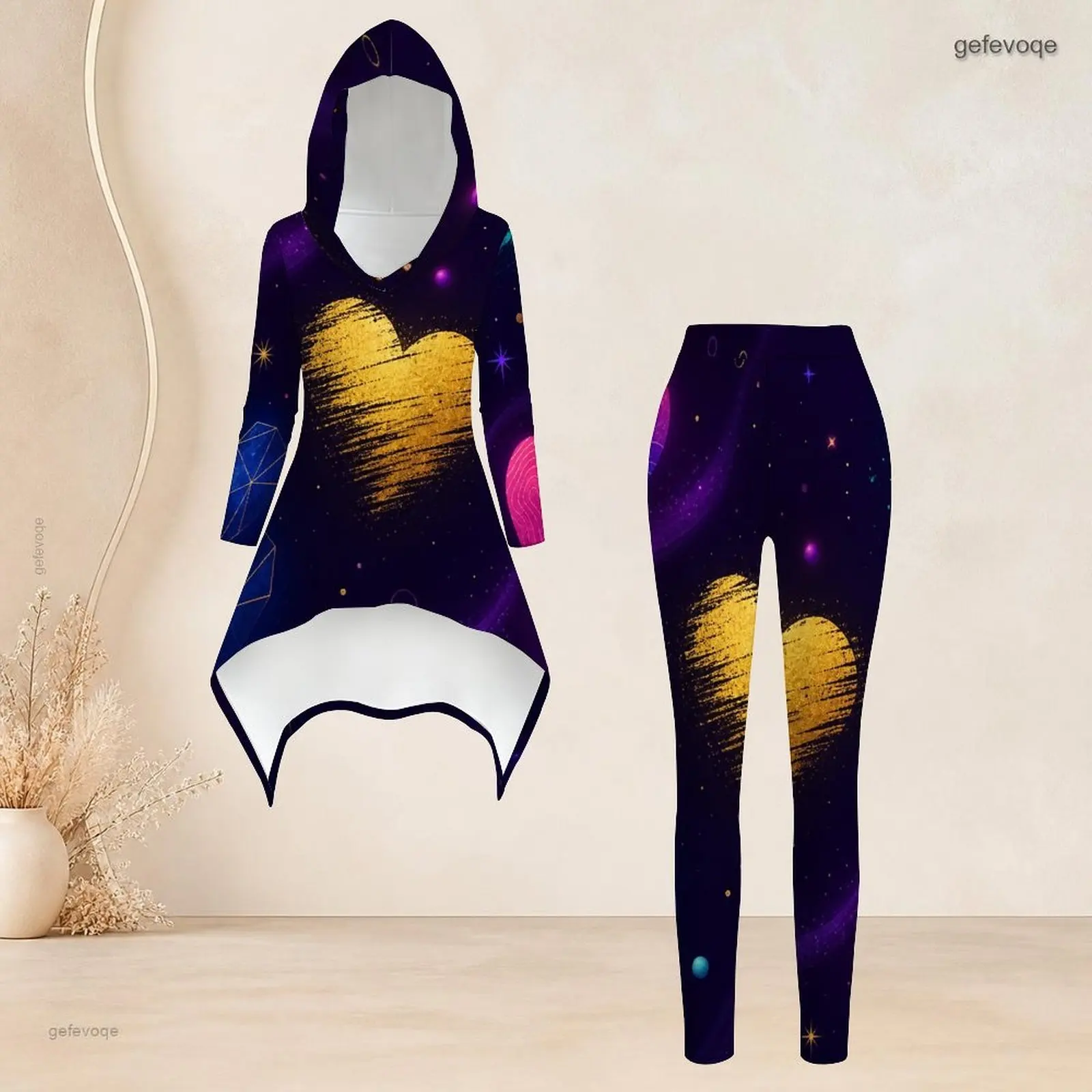 Fashion Women Casual 2 Piece Set Hooded Long Sleeve Hi Lo Asymmetrical Tunic Top Matching High Waist Slim Leggings T Daily Suit