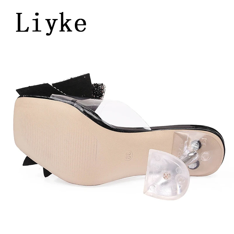 Liyke Fashion Crystal Sequined Bowknot kobiety pantofle sandały dziwny styl transparentne buty na obcasie z wystającym palcem PVC przezroczyste buty