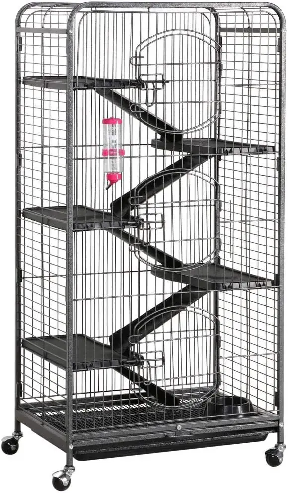 

52 Inch Metal Small Animals Hutch with 3 Doors/Bowl/Water Bottle/Tray, Rolling Pet Home for Lovely Chinchilla/Squirrel, Black