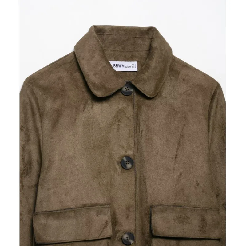 Damska krótka kurtka z imitacji zamszu HipSeam, zapinana na guziki, jesienna, z kołnierzykiem, długim rękawem, kieszeniami, prosta kurtka damska.