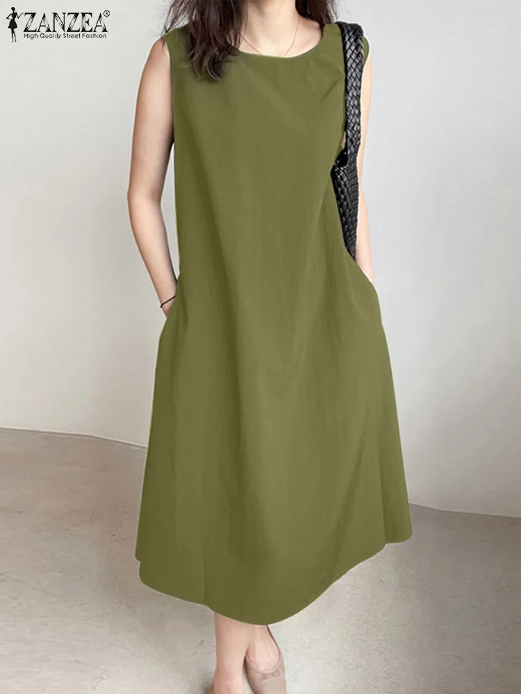 ZANZEA-Robe d'été élégante en coton solide pour femmes, robes d'été décontractées, robe de soirée au genou, robe éducative