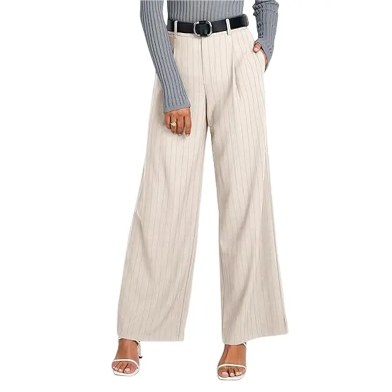 ABRT-Women's High Waisted Striped Loose Fit Straight Wide Leg Pants Business Work Casual Pants Apricot L