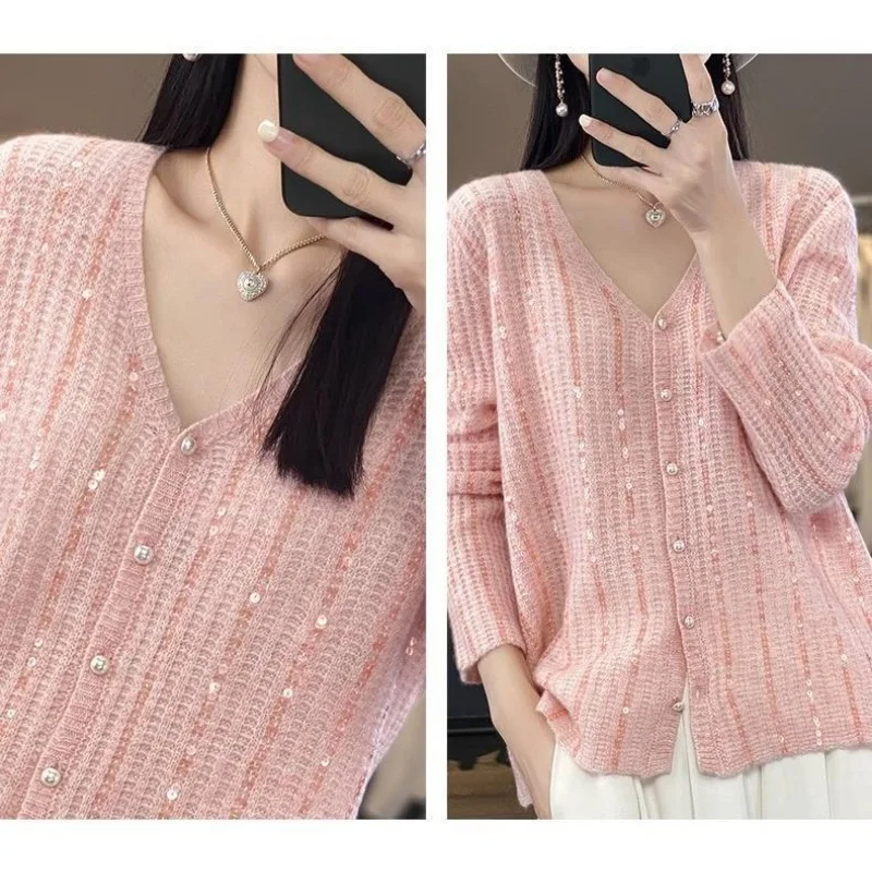 2025 Spring and Autumn New Women's Cardigan Fashion V-neck Sparkling Versatile Sweater Coat Loose Pearl Button Knitted Top
