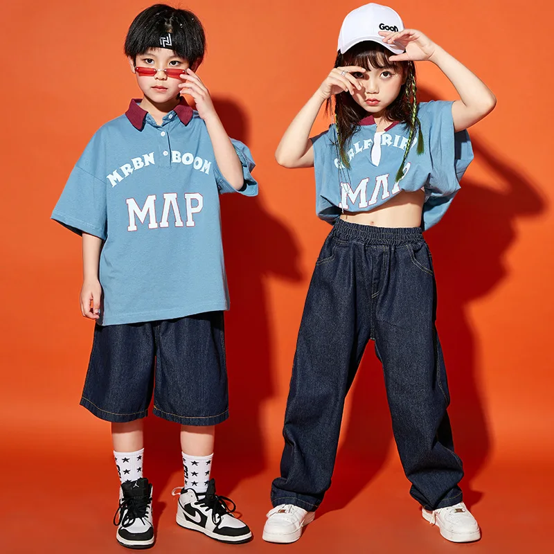 Crianças hip hop conjunto de roupas branco impressão azul polo topo rua jogger calças jeans shorts para meninas meninos jazz dança traje roupas